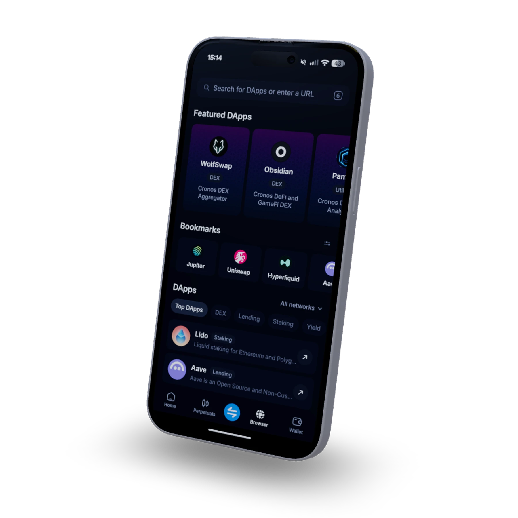 Redesigned Dapp Browser landing page shown on an angled phone mockup, with a Featured Dapps section, Bookmarks, and reorganized category filters