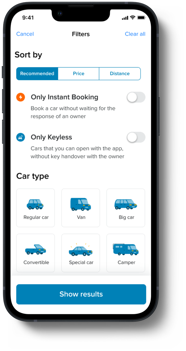 Final mobile design showing the car type filter