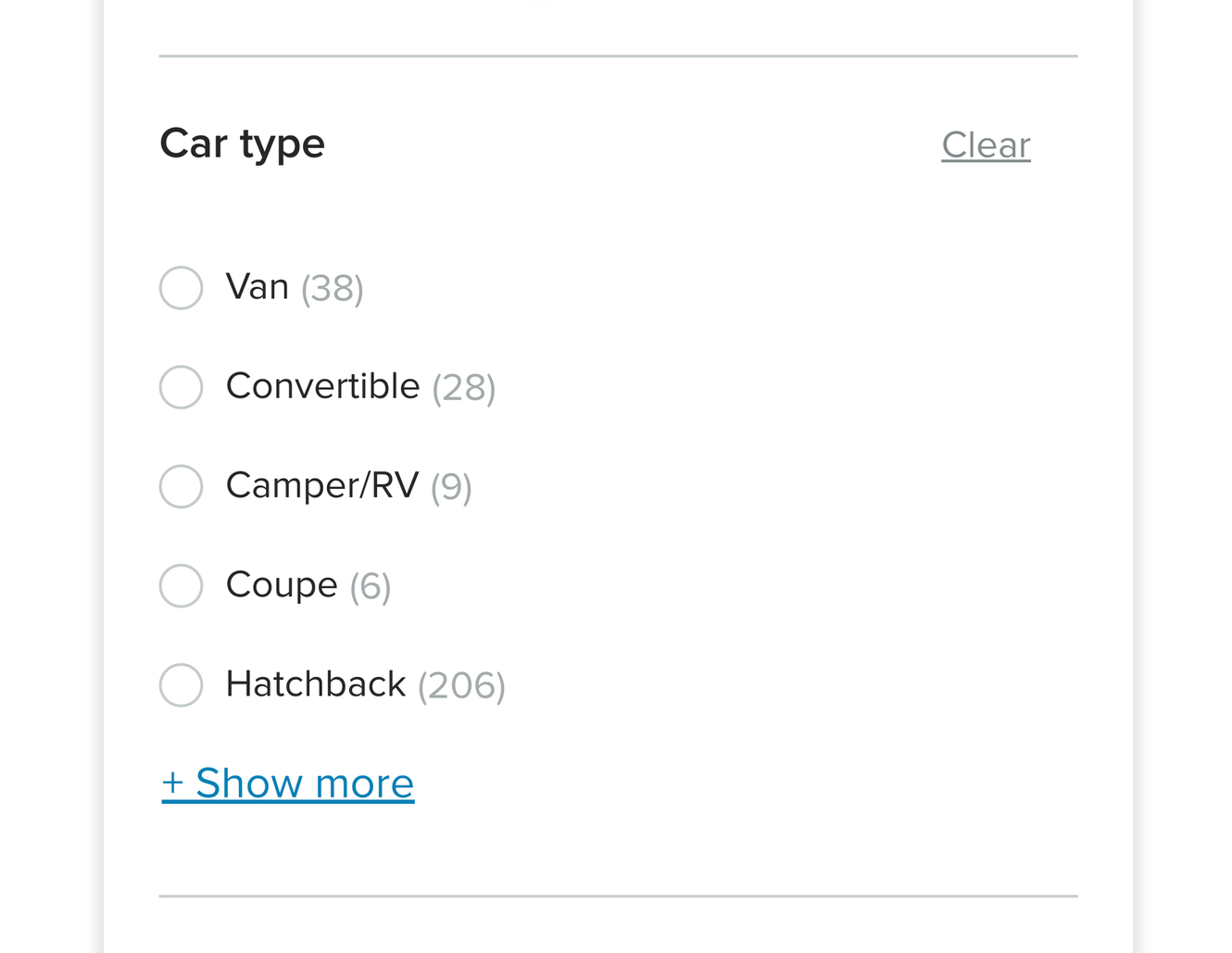 The current car type filter on snappcar.nl