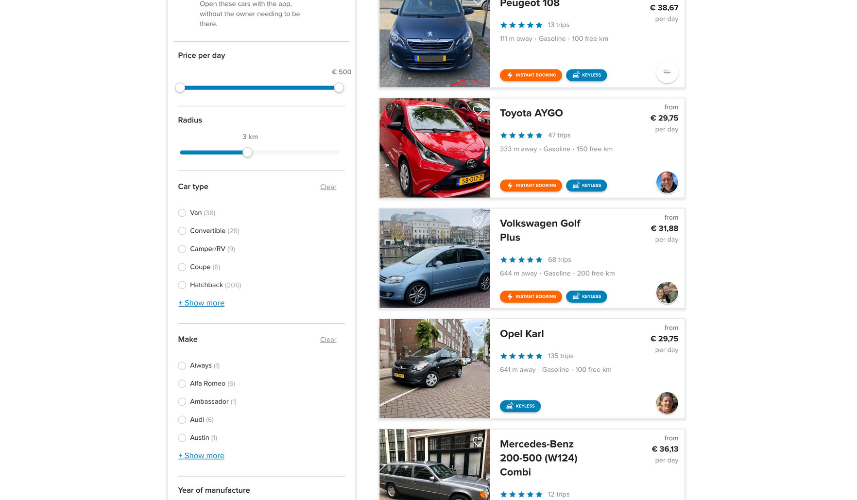 SnappCar search results dominated by vans