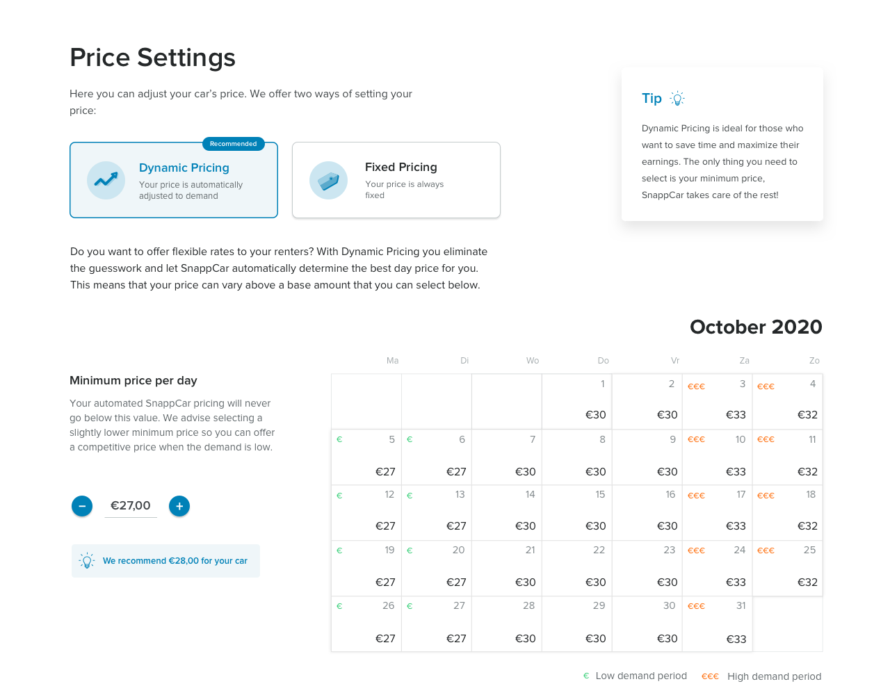 Final design showing fixed and dynamic pricing options