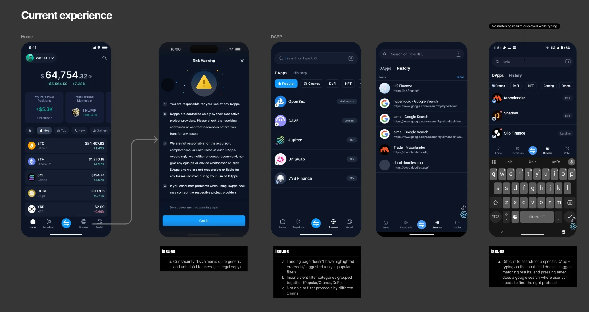 Audit of the current Dapp Browser experience: the generic risk-warning disclaimer, the Popular-only landing filter with inconsistently grouped categories, and search with no autosuggest falling back to Google